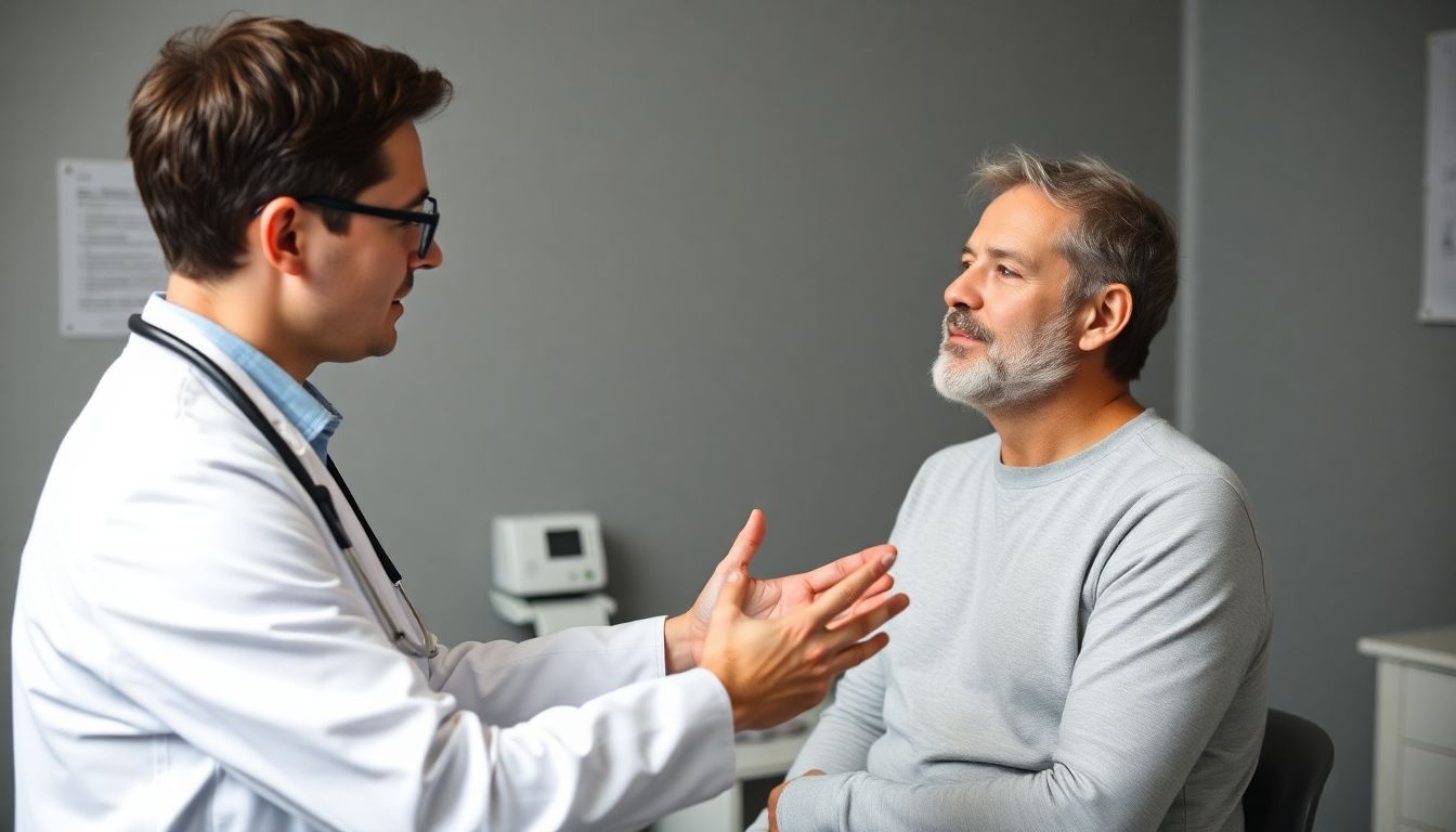 Arzt erklärt ESWL-Behandlung einem Patienten in einer Praxis.