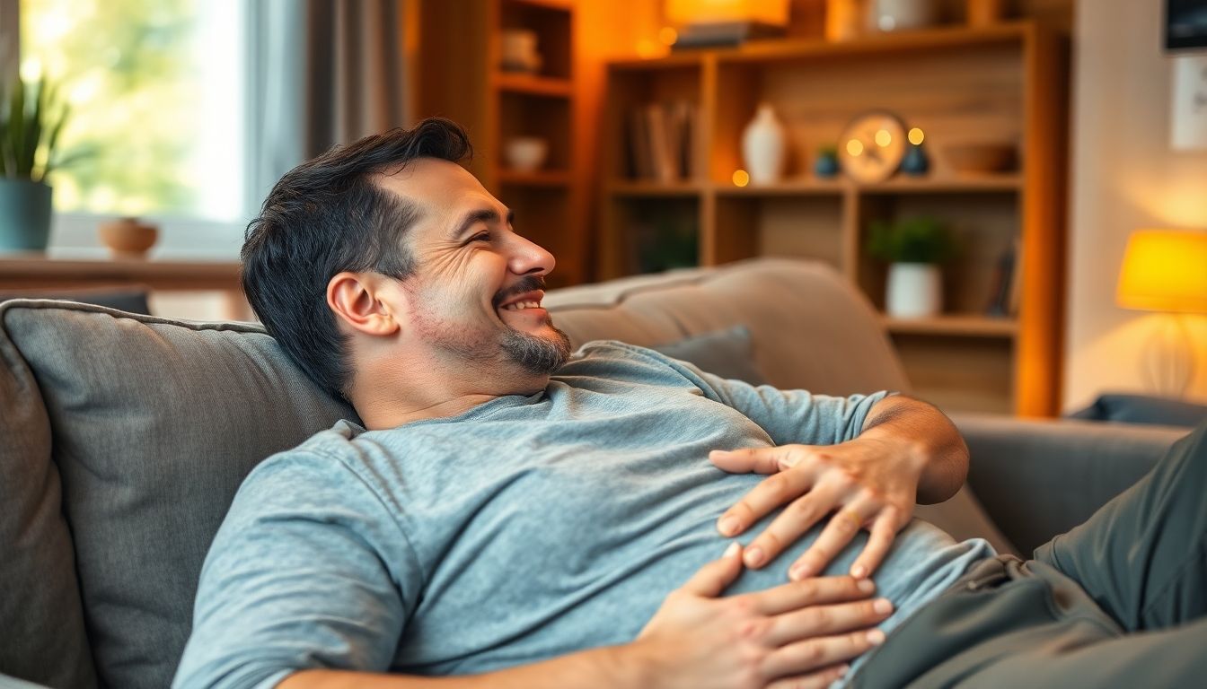 Mann lächelt entspannt in gemütlicher Wohnung, hält sich sanft den Bauch.