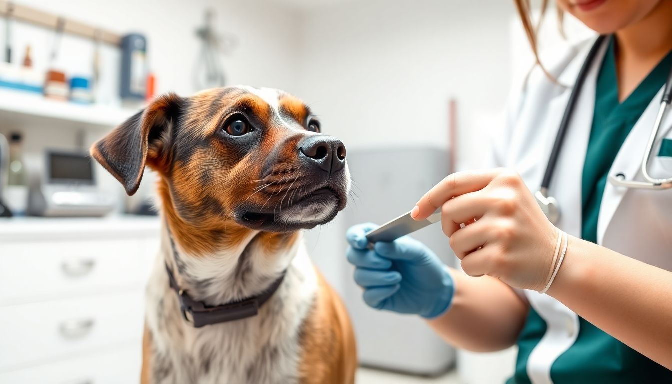Vorbeugung gegen Flohbefall: Veterinarian checking a dog for fleas in clinic.