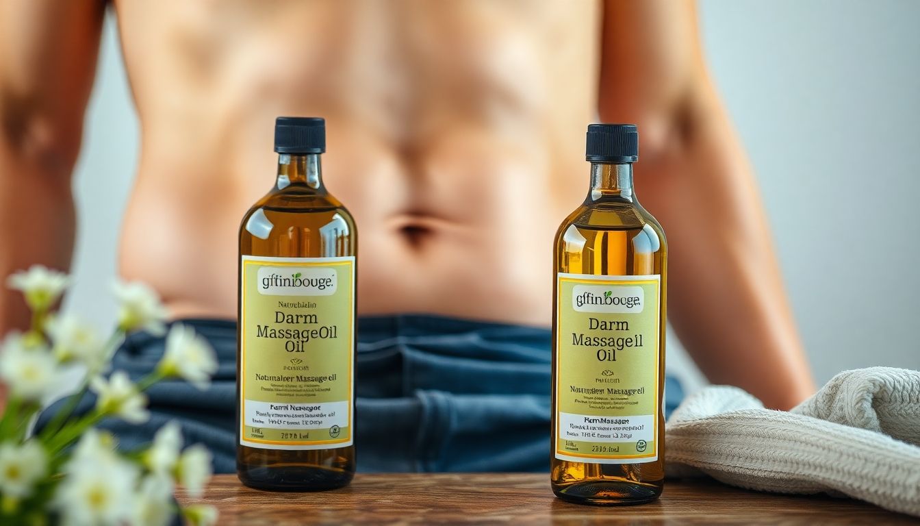 Darmmassage: Eine Flasche Massageöl neben einem entspannten Bauch.