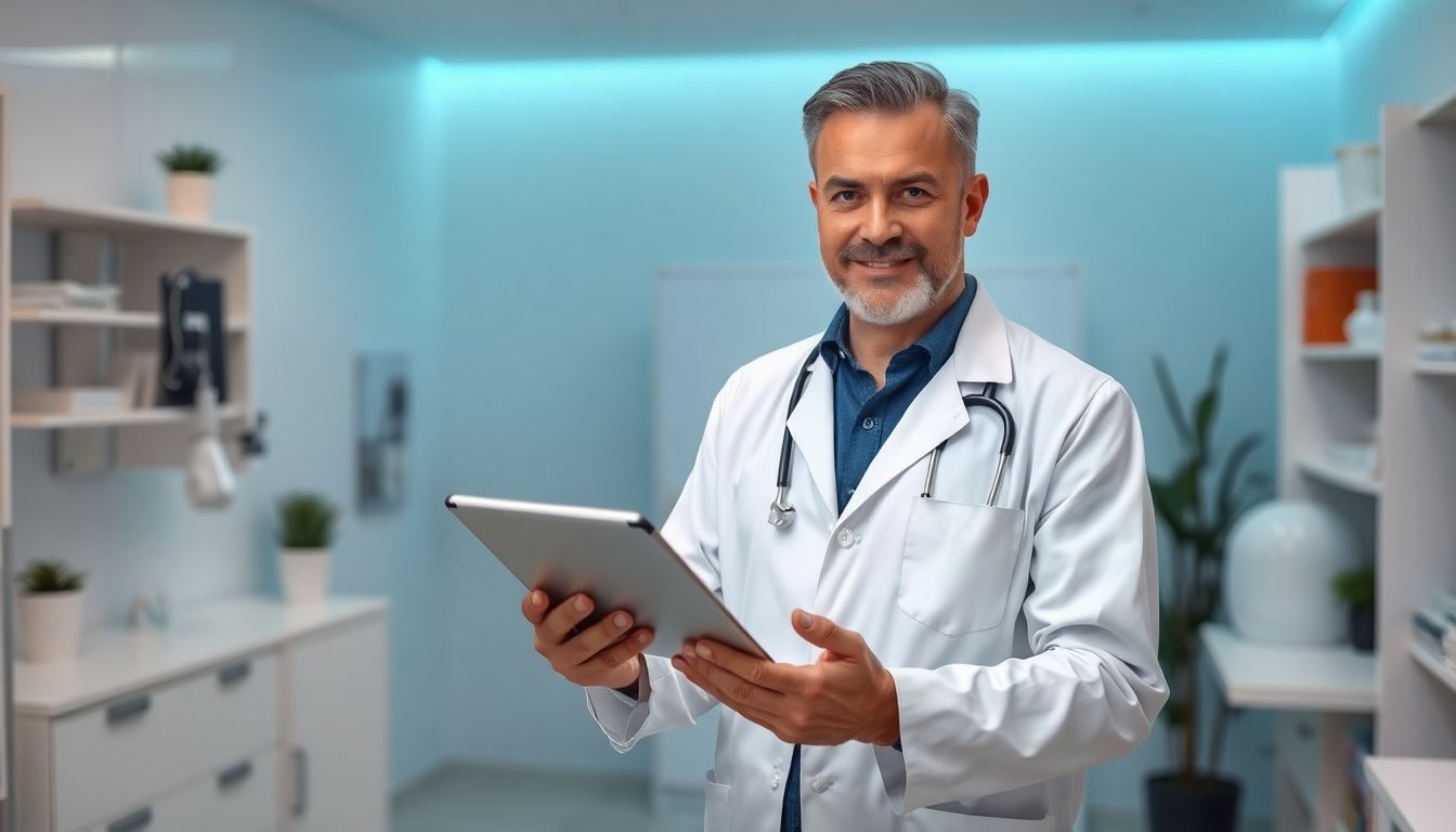 Wirkmechanismen der Stoßwellentherapie: Arzt mit Tablet in heller Praxisumgebung