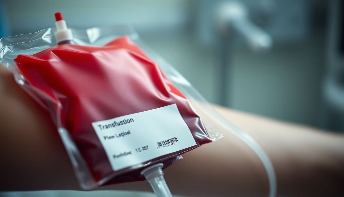 Bluttransfusion in speziellen Patientengruppen: Close-up of a blood bag with tubing connected to a patient's arm.