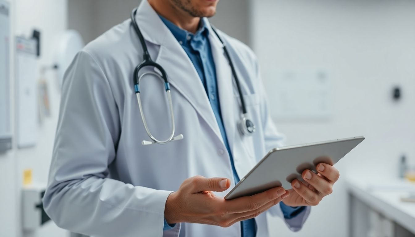 Was ist Atlaslogie? Arzt mit Tablet in heller Praxis