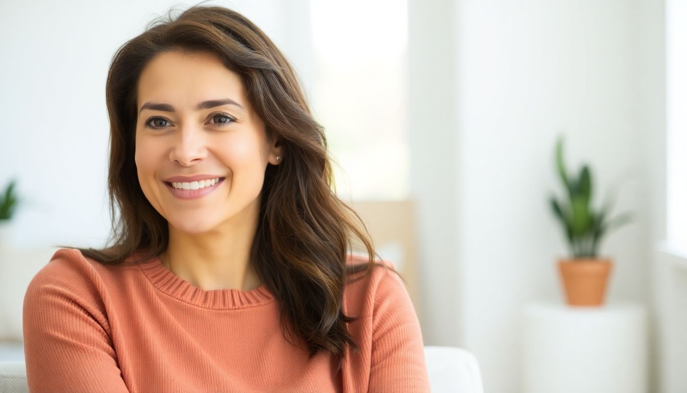 Atlastherapie: Smiling woman in a bright, airy room.