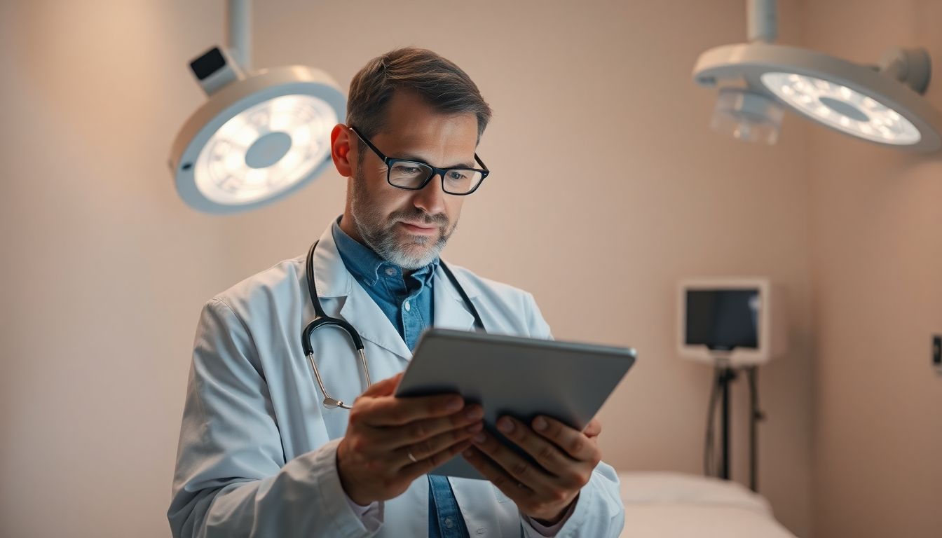 Hornhauttransplantation: Arzt mit Tablet in heller Praxisumgebung, blickt auf Bildschirm.