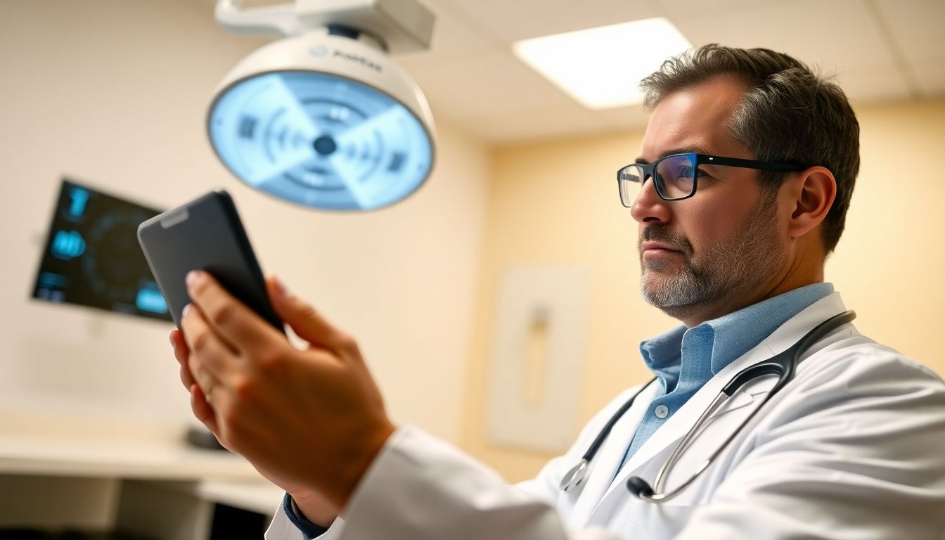 Hautkrebsscreening: Man with tablet examining skin.