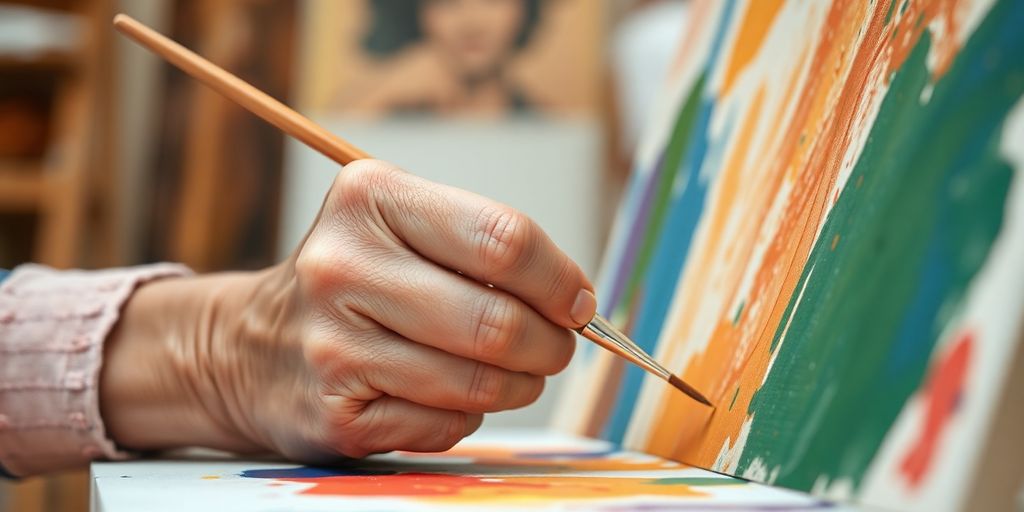 Ältere Person malt, friedliche Kunsttherapie-Sitzung.