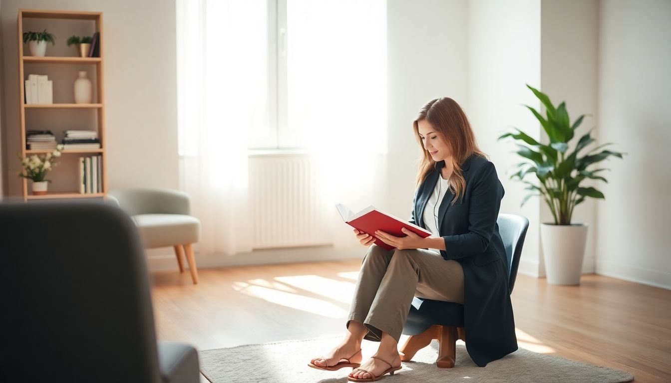 Bindegewebsmassage: Therapeut liest ein Buch in einem hellen Raum.