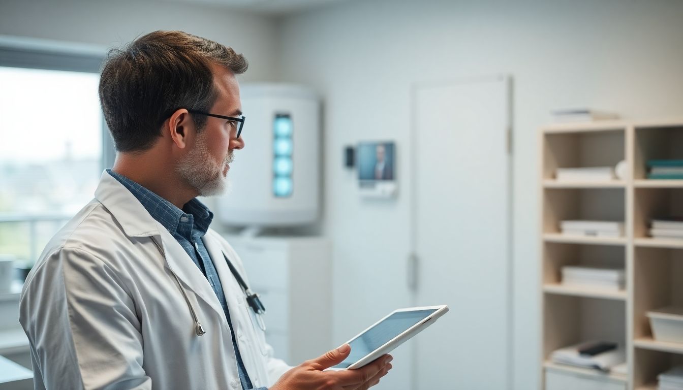 Arzt mit Tablet erklärt Endoprothese.