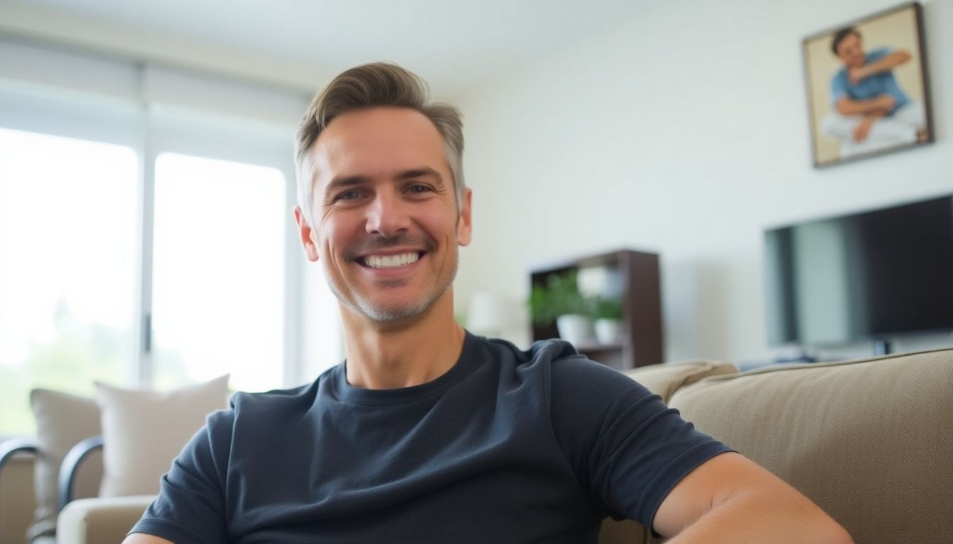 Endoprothese: Man smiling in a comfortable home setting.