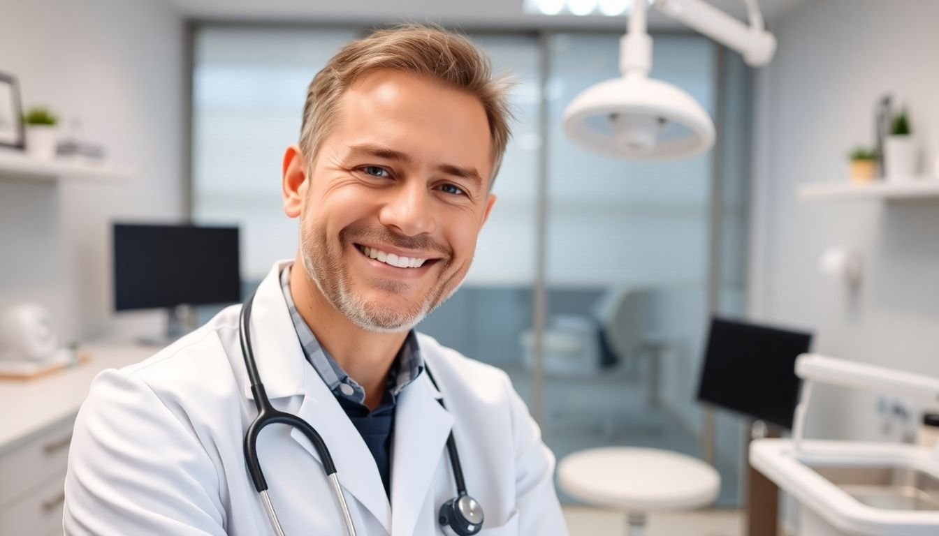 Balneophototherapie: Doctor smiling in a bright clinic.