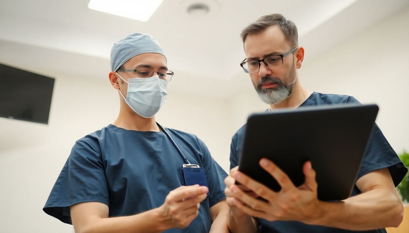 Hemikolektomie: Doctor reviewing tablet in a bright medical setting.