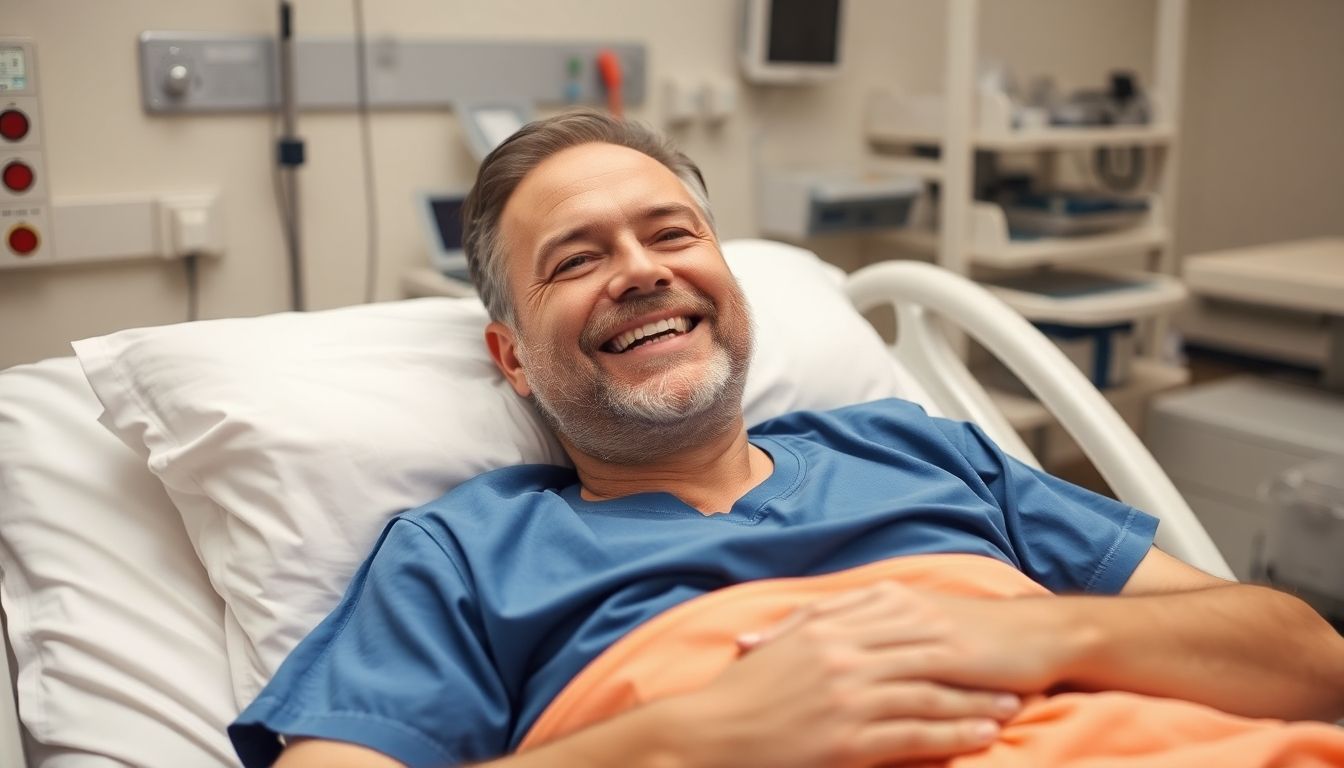 Hemikolektomie: Patient lächelt im Krankenhausbett nach einer Operation.