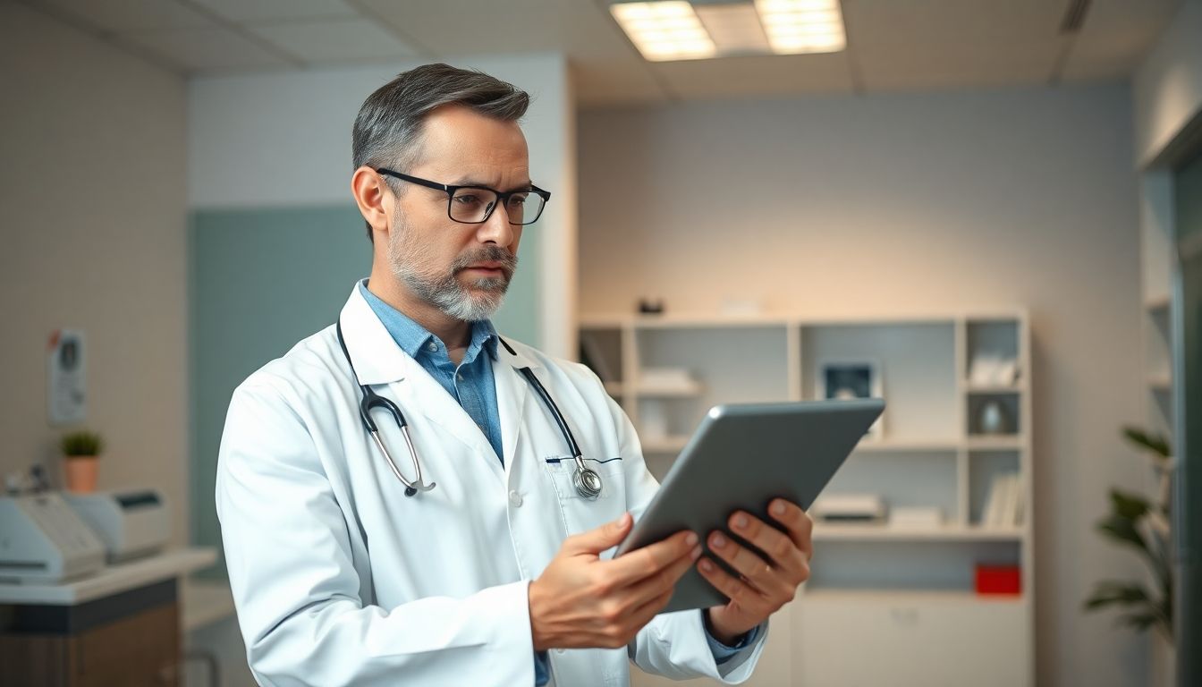 Fundoplicatio: Arzt mit Tablet in heller Praxisumgebung.