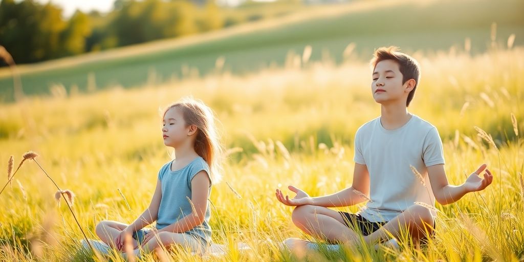 Kind und Jugendlicher entspannen im Grünen.