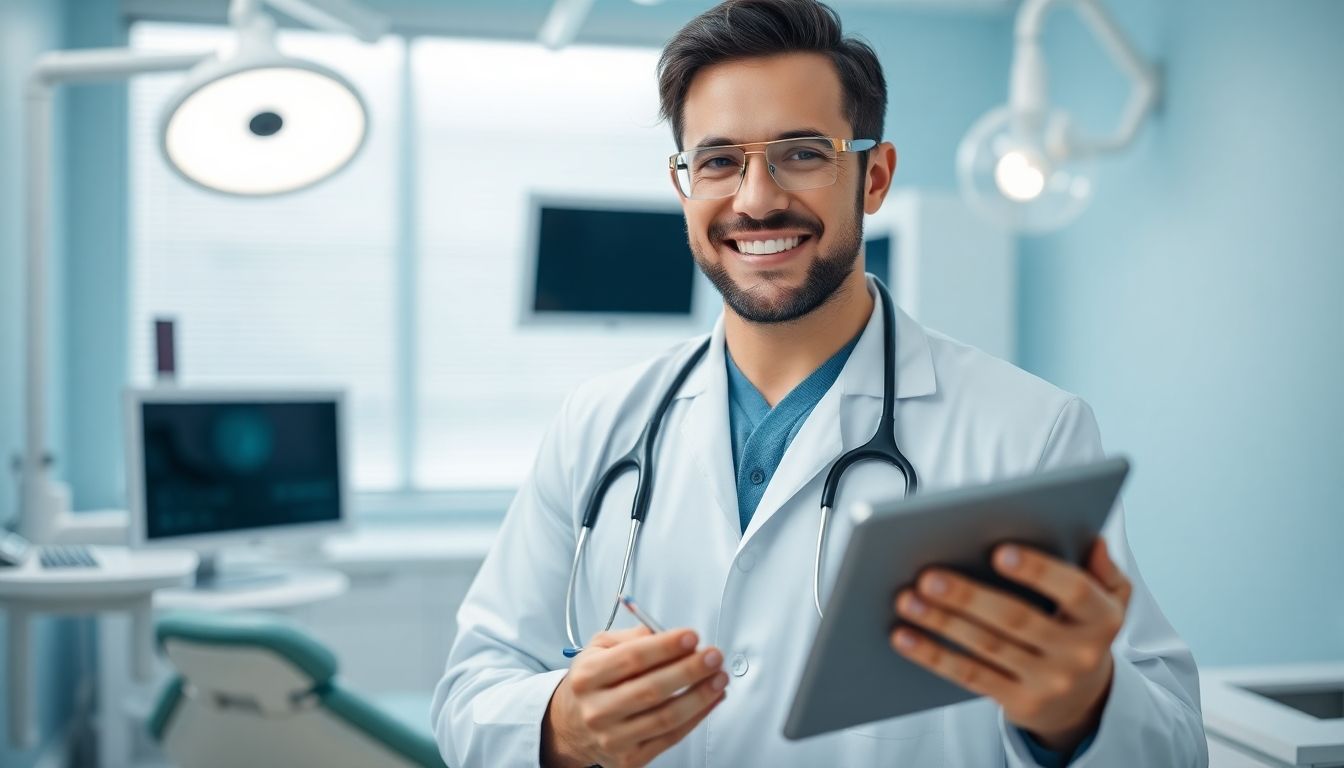 Kieferorthopädische Retentionsschiene: Dentist holding a tablet in a bright dental office.