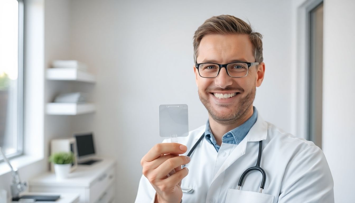 Zahnarzt lächelt in heller Praxis mit Retentionsschiene.