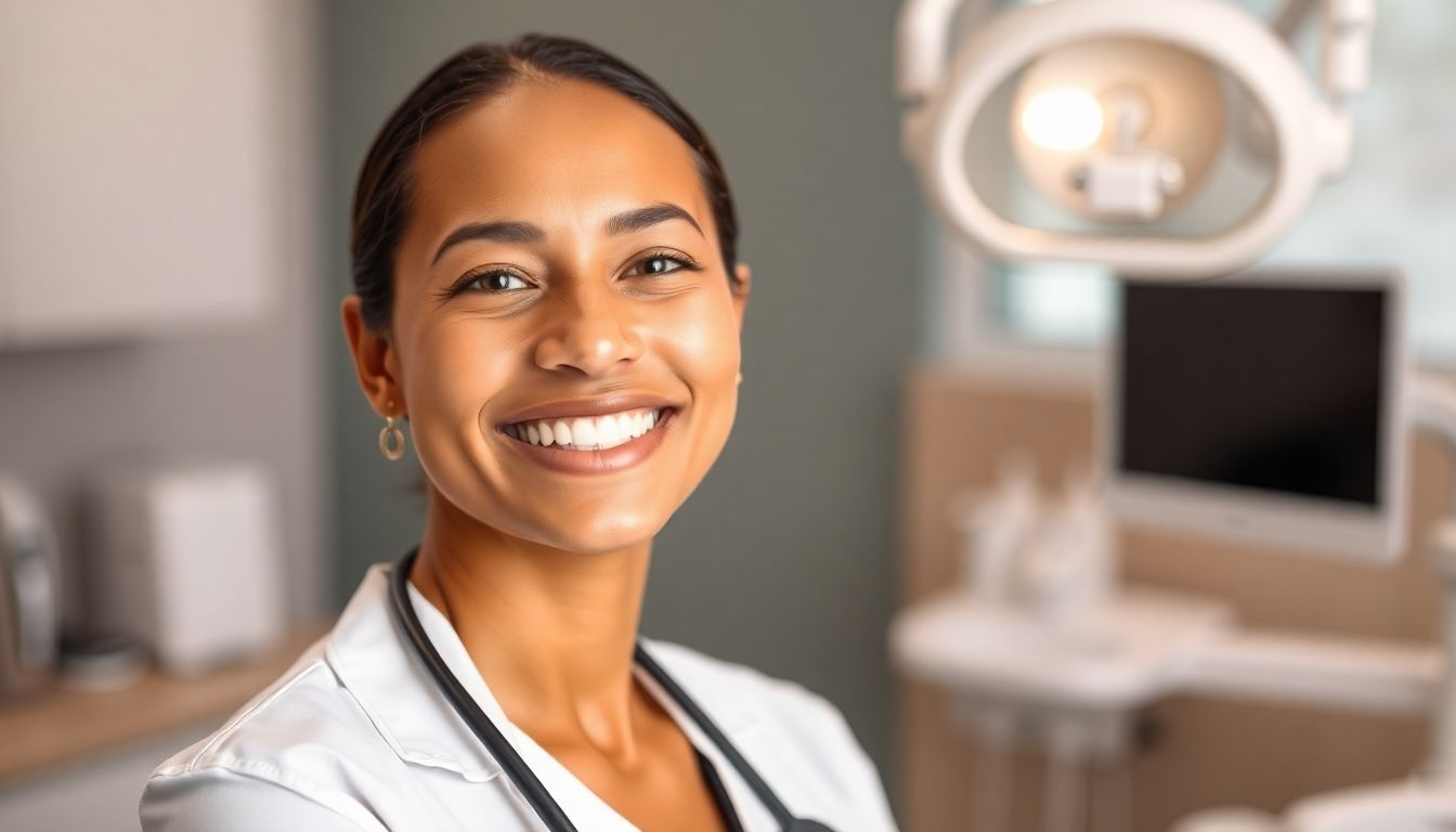 Wurzelspitzenresektion: Smiling dentist in a bright, modern dental practice.