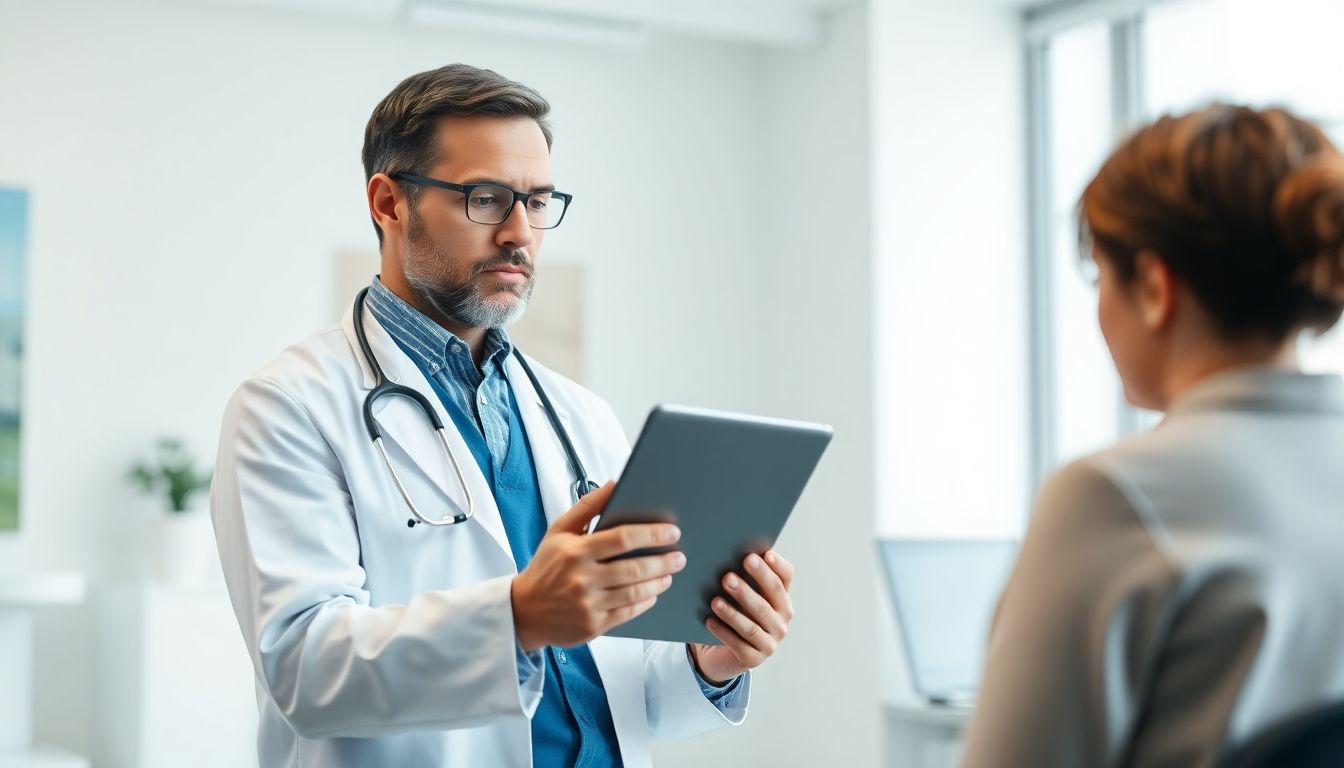 Ultrarotlichttherapie: Arzt mit Tablet in heller Umgebung