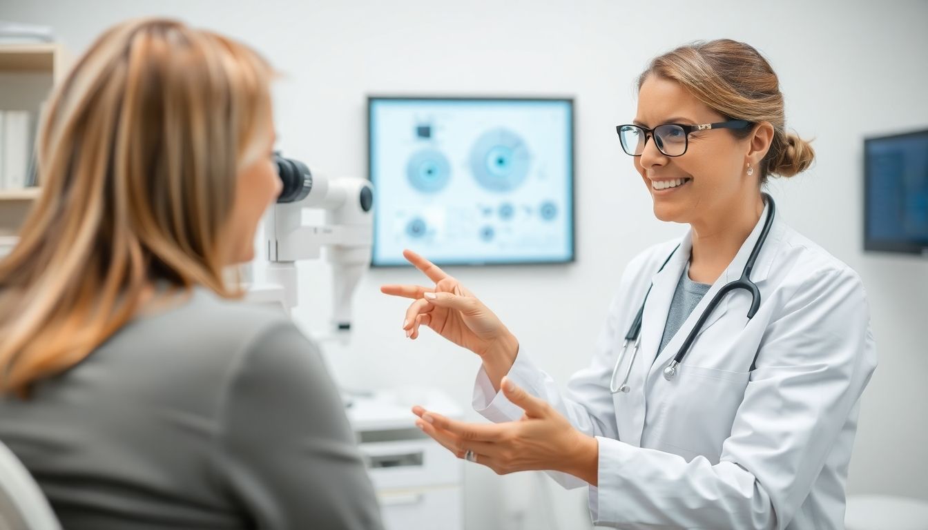 Augen lasern: Augenarzt bespricht mit Patientin über Augenlaserbehandlung.