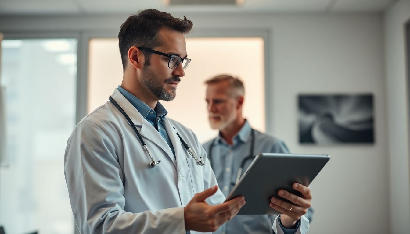 Arzt mit Tablet in heller Umgebung, berät Patienten.