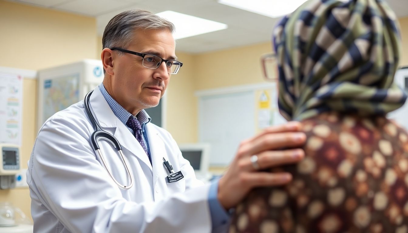Klinische Manifestationen der Flussblindheit: Doctor examining a patient in a hospital setting.