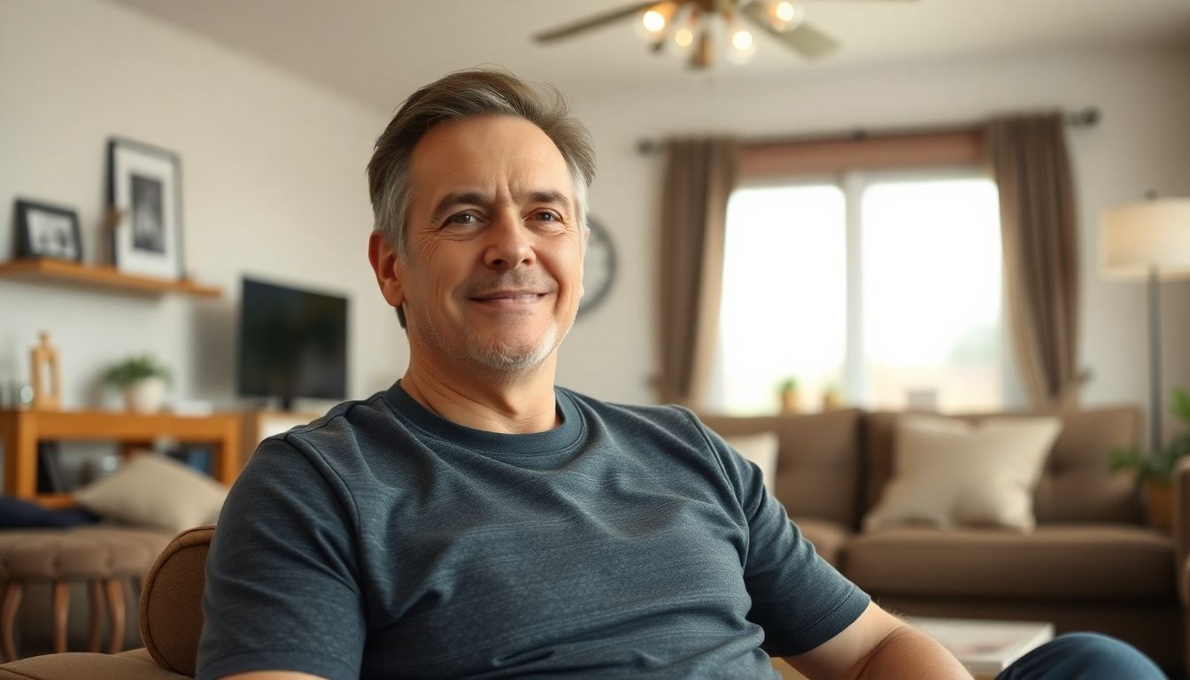 Kinesiologie: Man smiling in a comfortable living room.