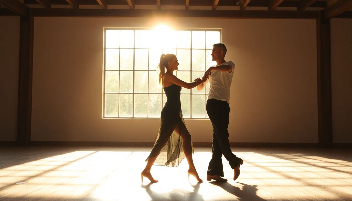 Tanztherapie: Ein Mann und eine Frau tanzen gemeinsam in einem hellen, offenen Raum.