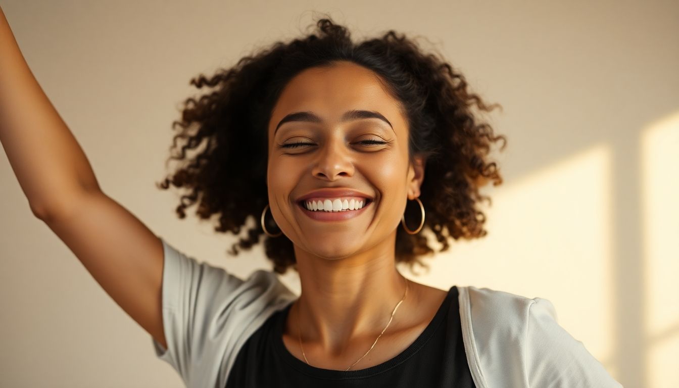 Tanztherapie: Frau lächelt glücklich, während sie sich frei im Tanz ausdrückt.