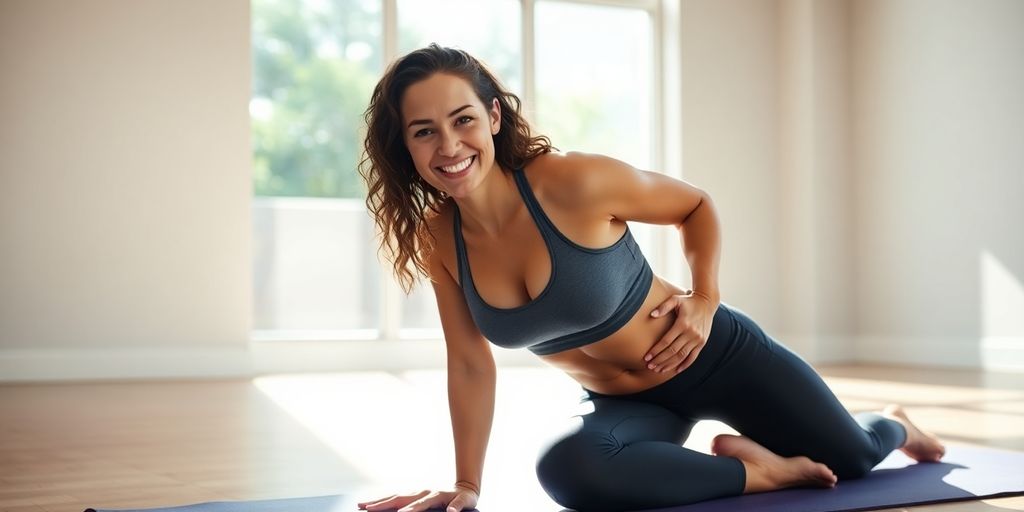Beckenbodentraining: Frau trainiert Beckenboden, lächelt, im Fitnessstudio.