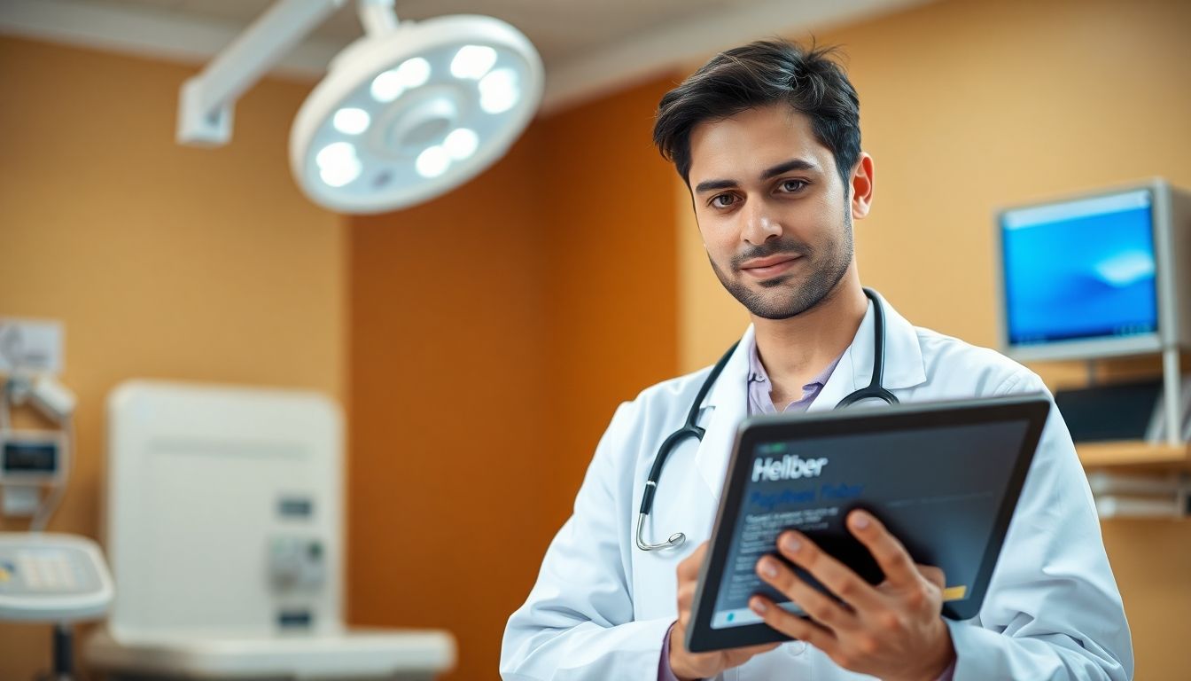 Epidemiologische Daten zu Pappatasi Fieber: Doctor with tablet in a clinical setting.