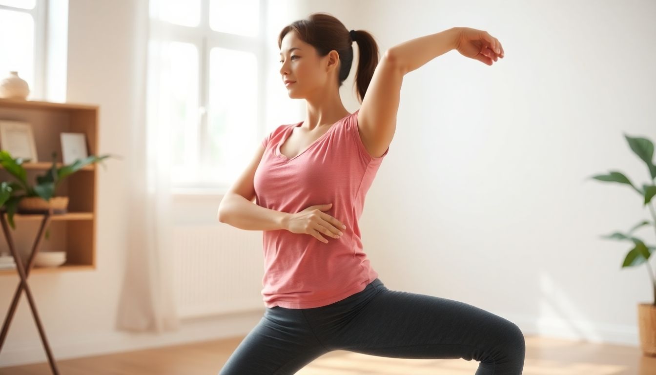 Dehnübungen: Person stretching in a bright, airy room.