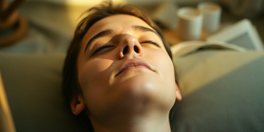 Person in Trance, ruhige Farben, weiches Licht.