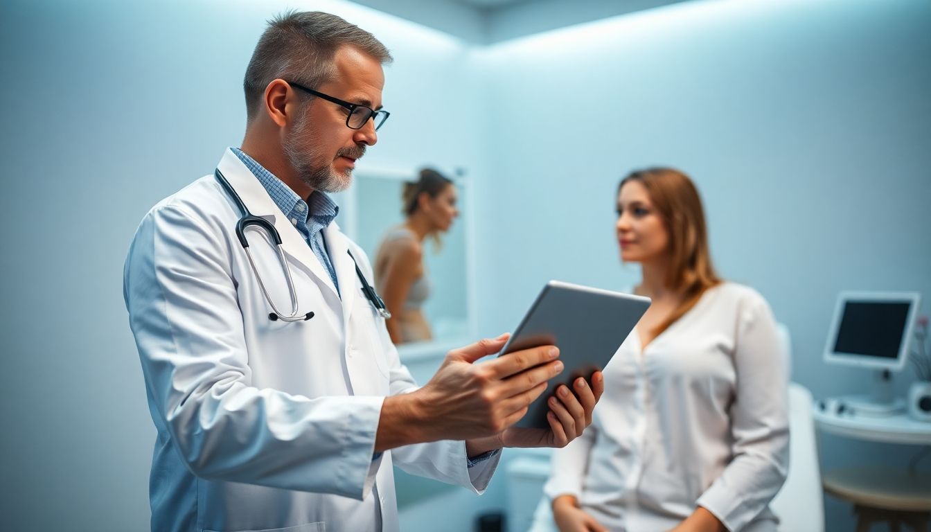 Liposuktion: Arzt mit Tablet in heller Klinikumgebung, berät Patientin über Körperformung.