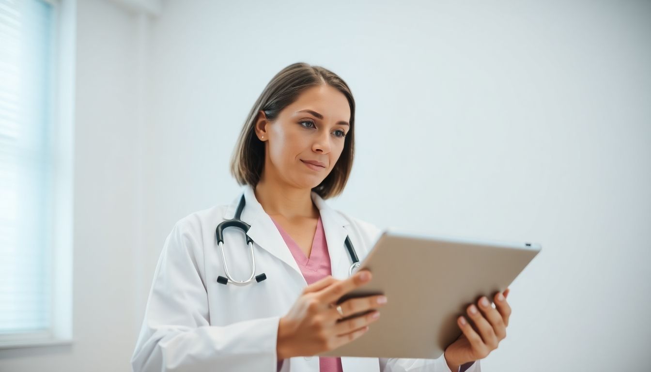 PUVA-Therapie: Doctor holding a tablet in a bright room.
