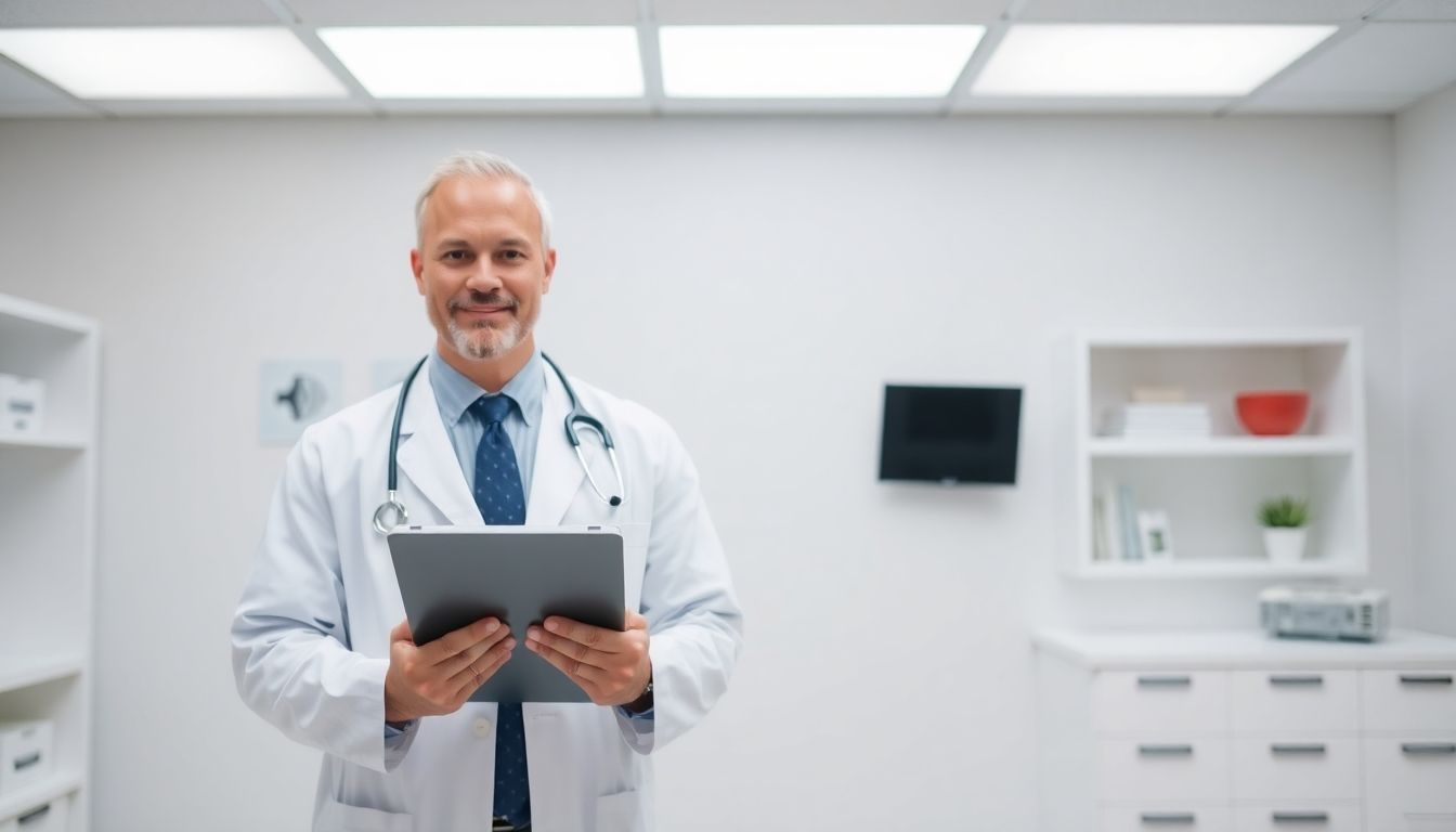 Pessartherapie: Arzt mit Tablet in heller Praxisumgebung