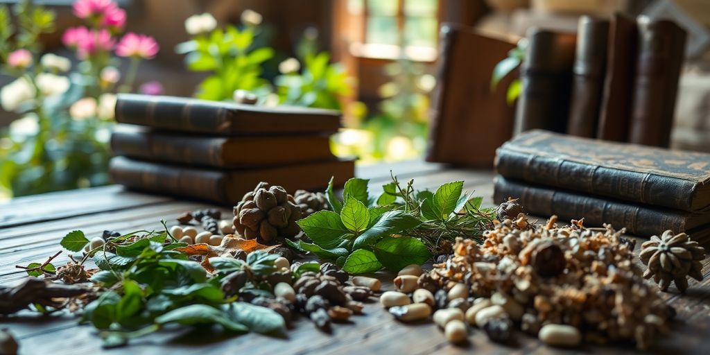 Hildegard-Medizin: Kräuter, mittelalterliche Bücher, klösterlicher Garten.