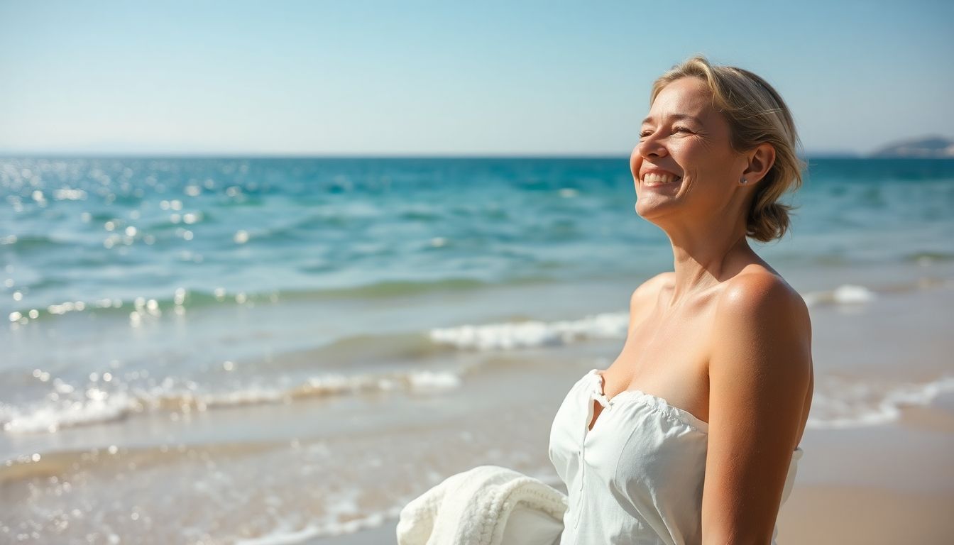 Thalassotherapie: Frau am Strand lächelt mit dem Meer im Hintergrund.