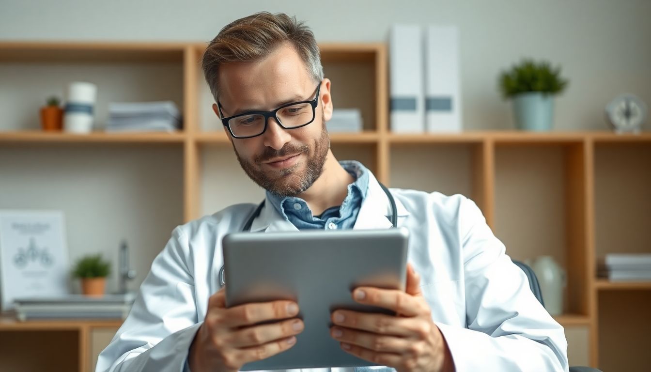 Kompressionstherapie: Arzt mit Tablet in heller Praxisumgebung.