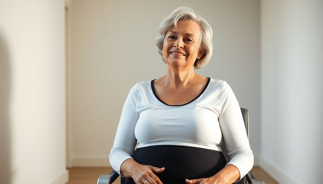 Ältere Frau lächelt, während ihr Bein mit einem Kompressionsverband umwickelt wird.