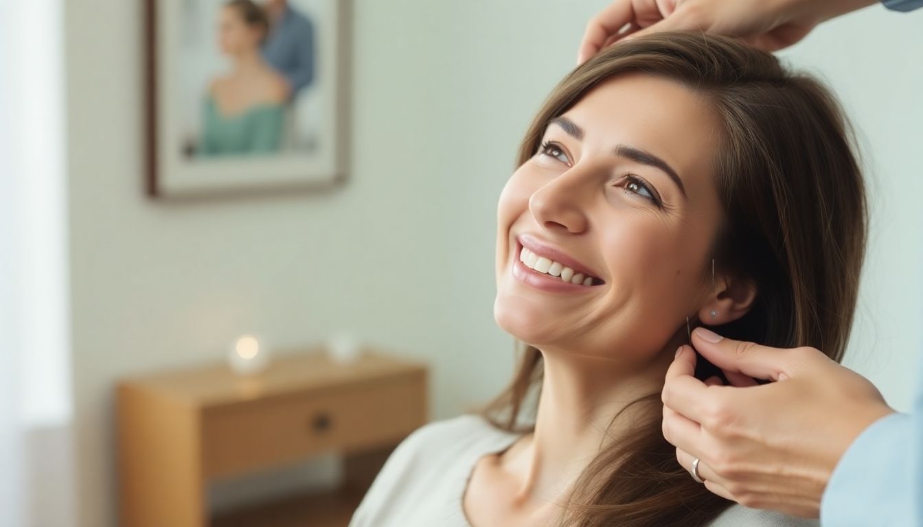 Ohrakupunktur: Smiling woman receiving ear acupuncture treatment in a bright room.