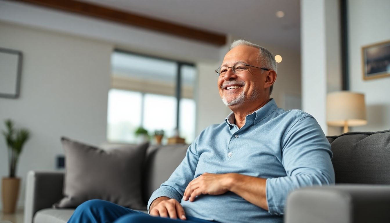 Beckenbodentraining: Man smiling in a comfortable living room.