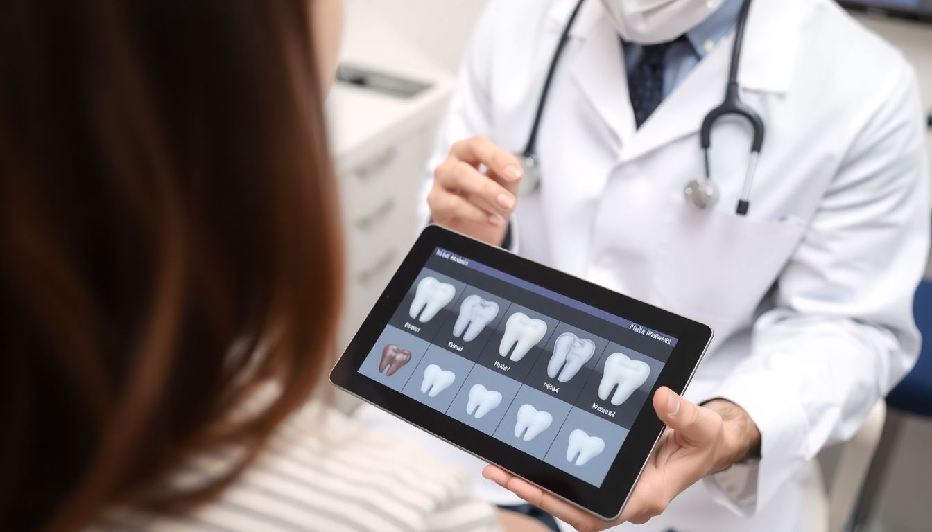 Zahnfüllungen: Dentist holding a tablet showing dental fillings.