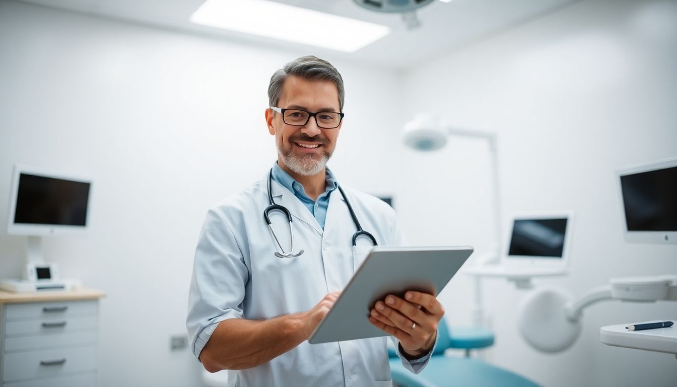 Zahnfüllungen: Dentist with tablet in a bright, modern dental office.