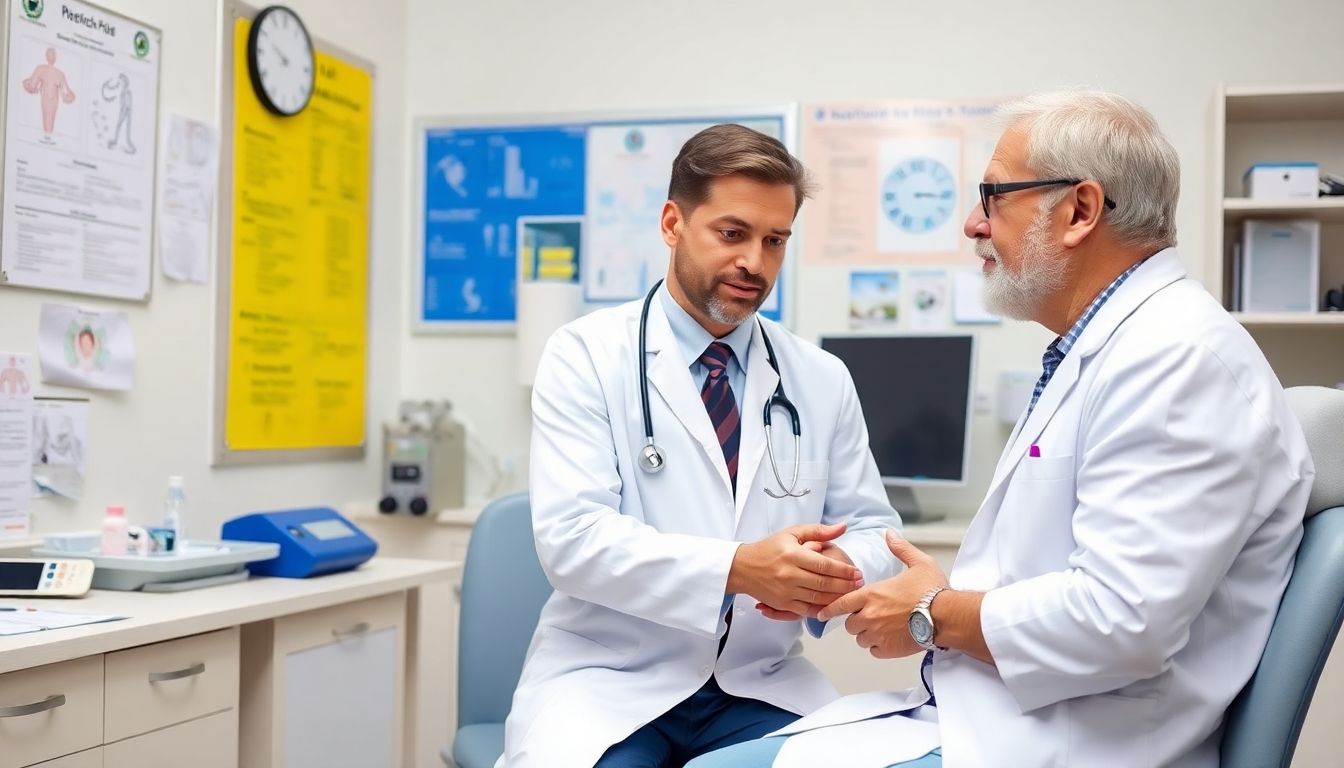 Behandlungsmöglichkeiten bei Lyssa: Doctor examining a patient in a medical office.