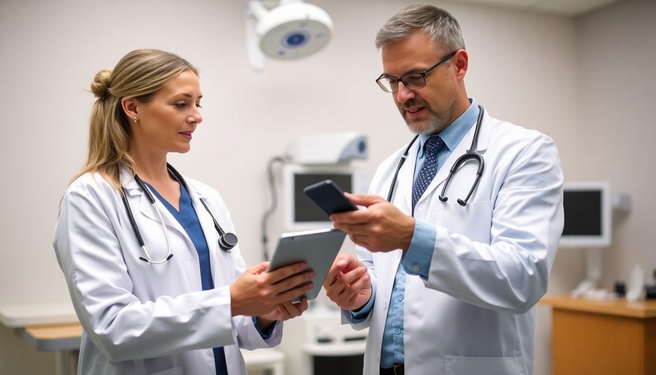Langzeitfolgen von Lyssa: Doctor with tablet in a medical consultation setting.