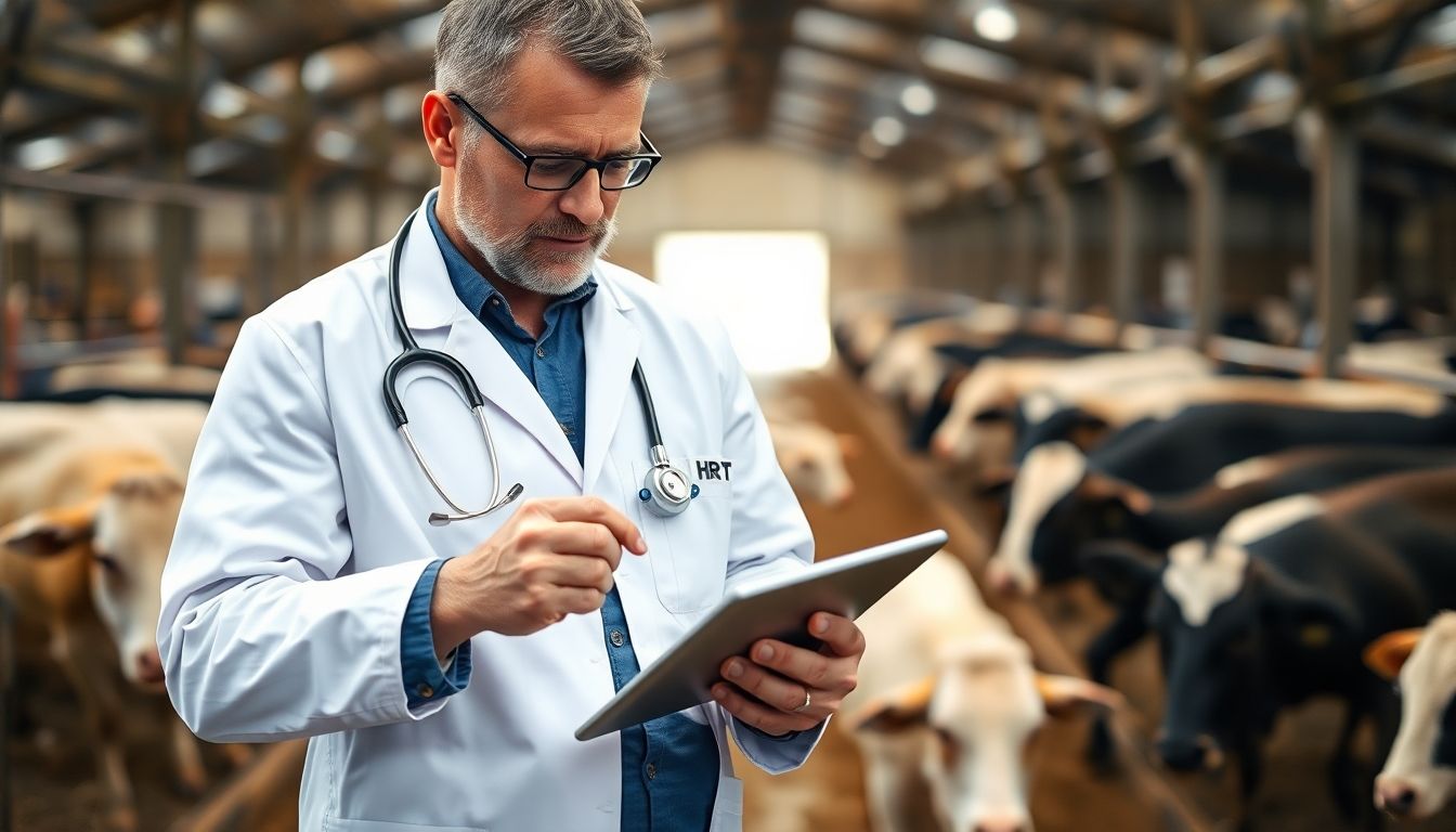 Definition von Schlachthausfieber: Veterinarian with tablet in a livestock barn.