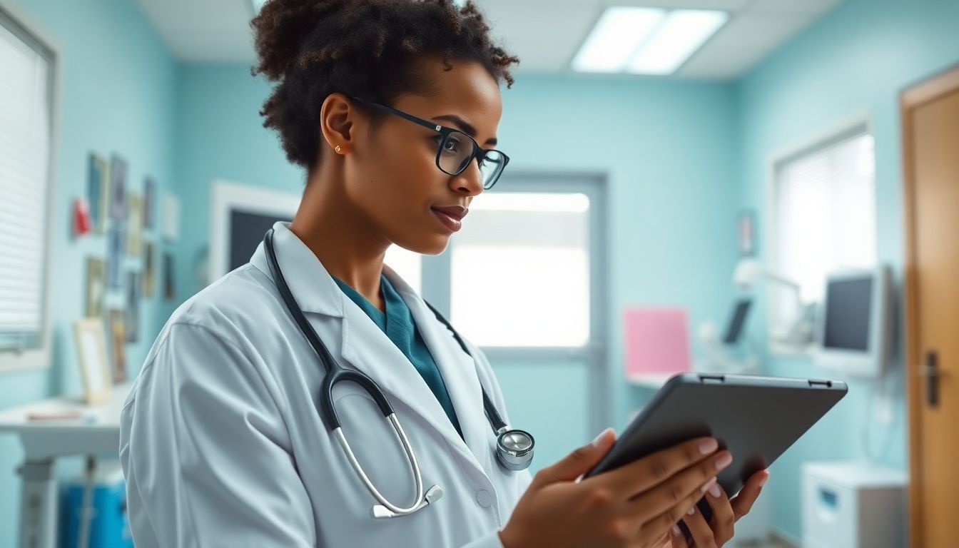 Meningokokken: Doctor with tablet in a bright medical office.