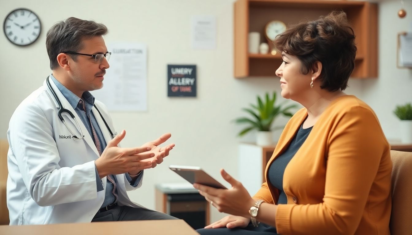 Verlauf und Prognose der Nickelallergie: Doctor consulting patient about nickel allergy symptoms.