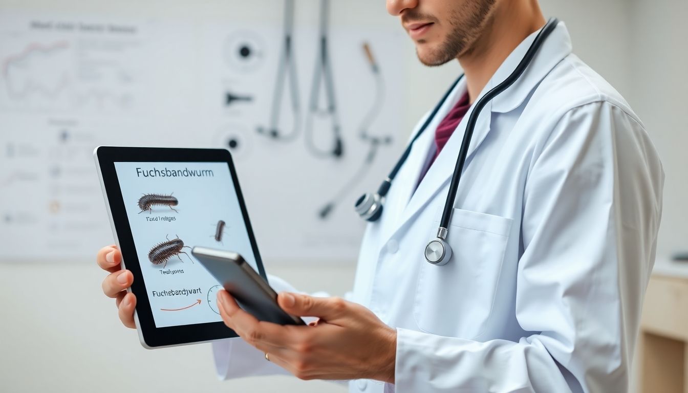 Doctor with tablet discussing Fuchsbandwurm infection.